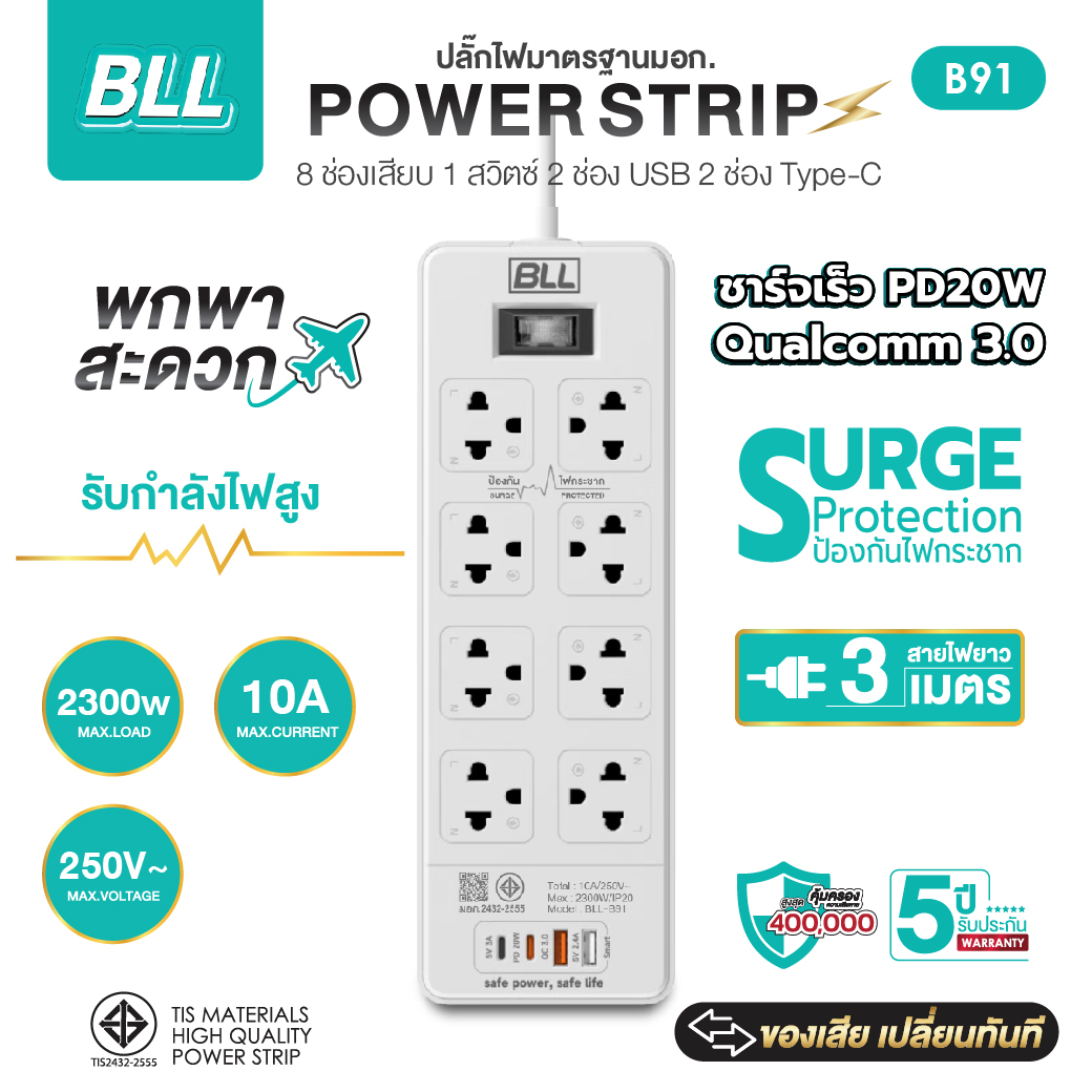 ปลั๊กไฟ BLL B91 8ช่อง 1สวิตซ์ 2USB 2TC