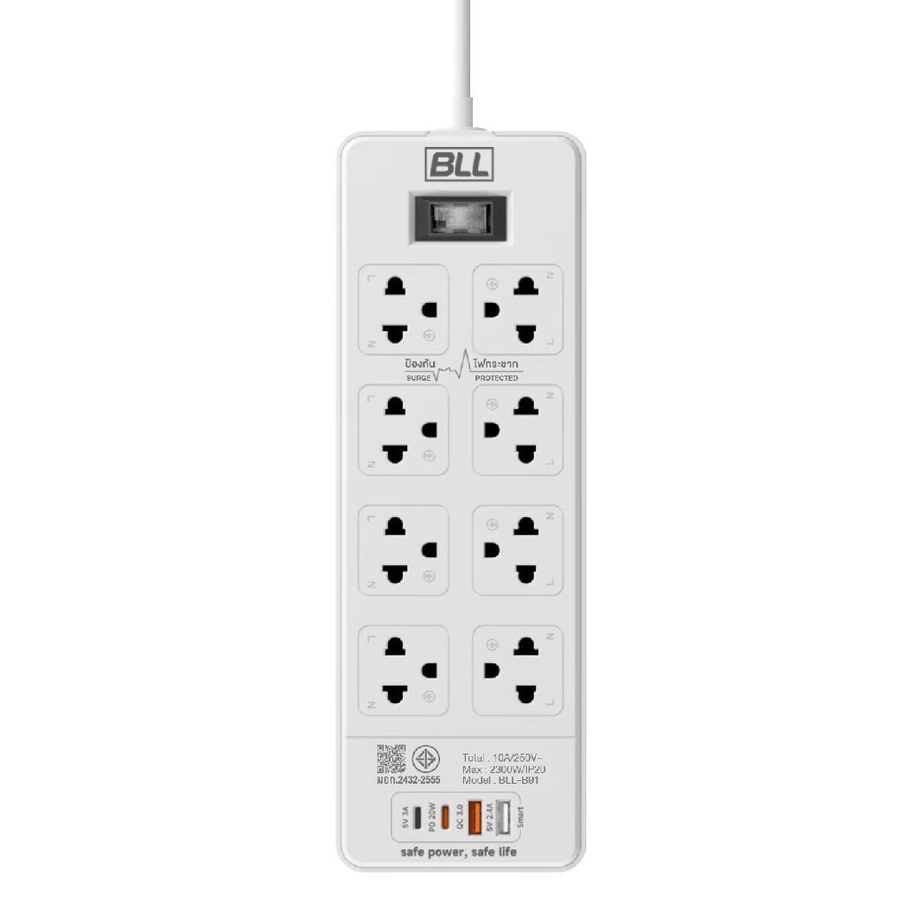 ปลั๊กไฟ BLL B91 8ช่อง 1สวิตซ์ 2USB 2TC
