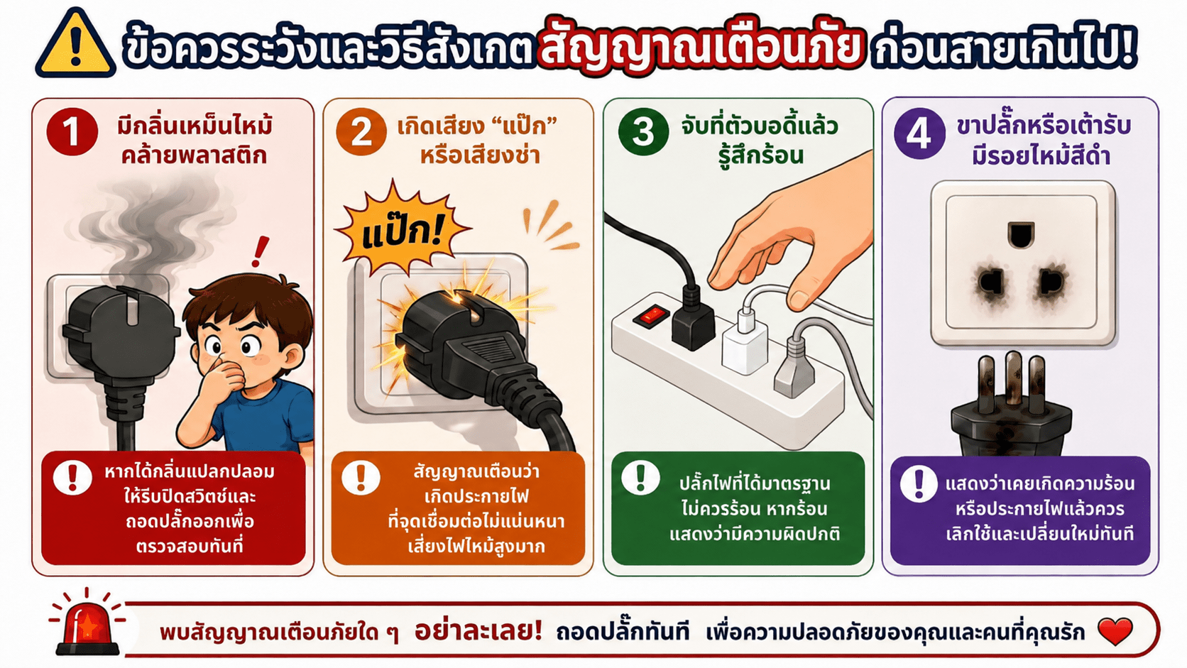 สาเหตุปลั๊กไฟไหม้ ทั้งที่ใช้งานปกติ วิธีสังเกต ป้องกัน และเลือกปลั๊กพ่วงให้ปลอดภัย ข้อควรระวังและสัญญาณเตือนก่อนปลั๊กไฟไหม้