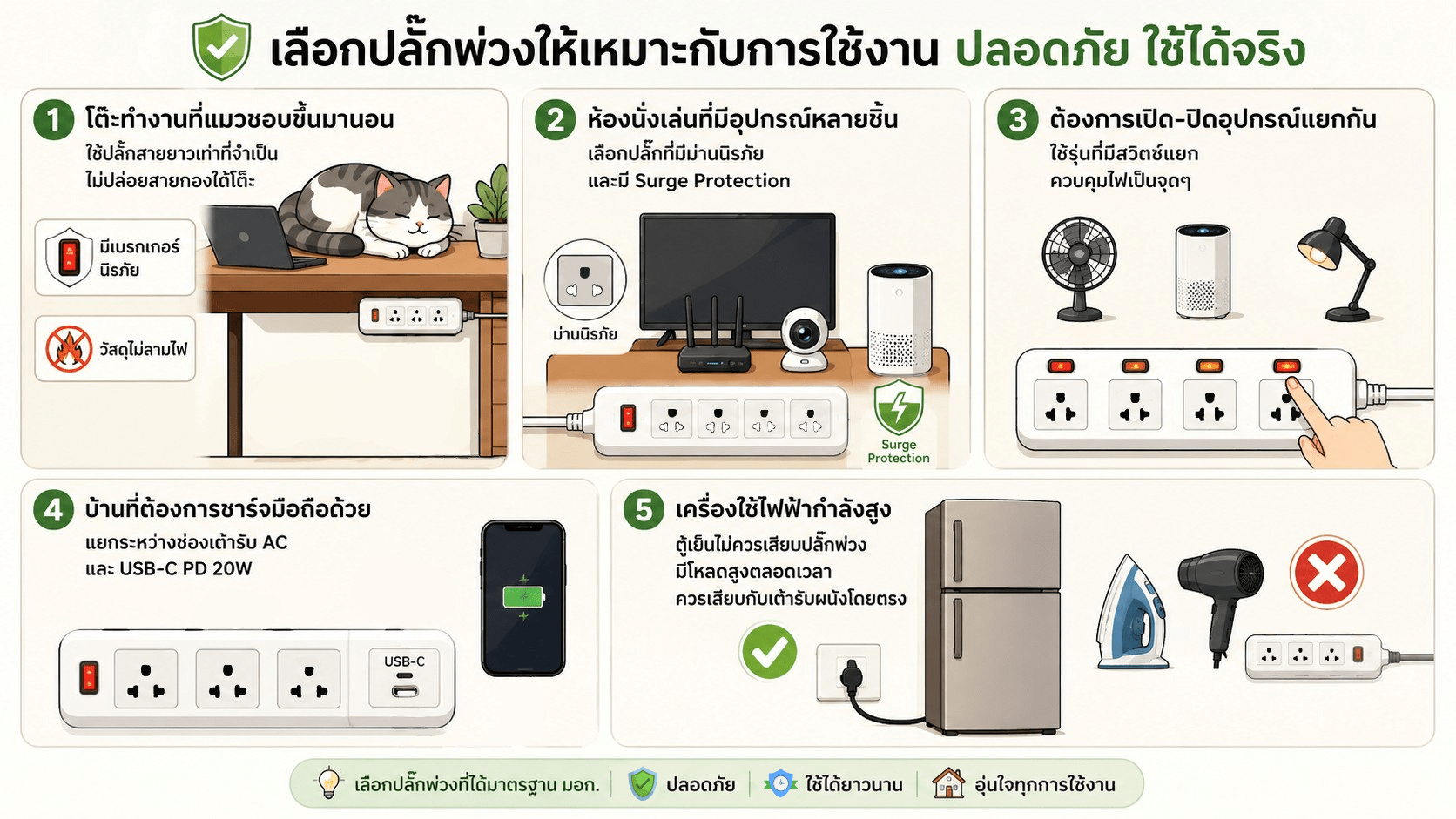 ปลั๊กไฟบ้านมีสัตว์เลี้ยง เลือกยังไงให้ปลอดภัย? ตัวอย่างการใช้งานปลั๊กไฟในบ้านที่มีสัตว์เลี้ยง เช่น โต๊ะทำงาน ห้องนั่งเล่น มุมชาร์จ และมุมอาหารสัตว์