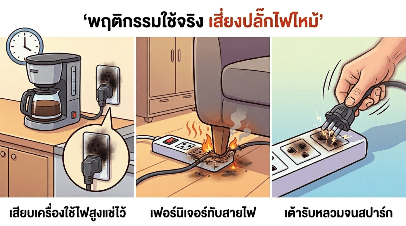 สาเหตุปลั๊กไฟไหม้ ทั้งที่ใช้งานปกติ วิธีสังเกต ป้องกัน และเลือกปลั๊กพ่วงให้ปลอดภัย พฤติกรรมการใช้งานปลั๊กพ่วงที่เสี่ยงทำให้ปลั๊กไฟไหม้