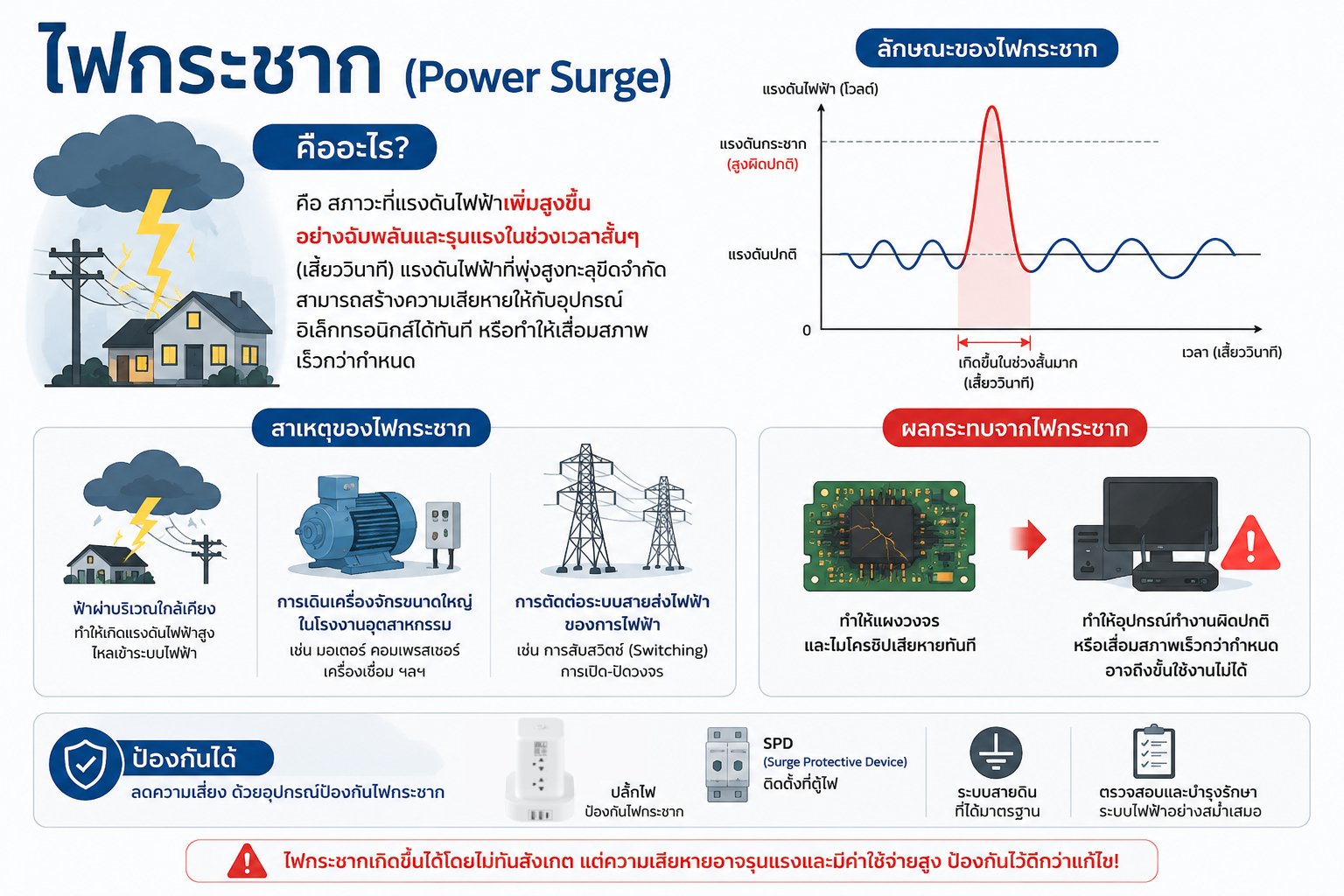 คู่มือเลือกปลั๊กกันไฟกระชาก: ปกป้องคอมพิวเตอร์ ทีวี และเครื่องใช้ไฟฟ้าจากไฟกระชาก ภาพอธิบายปรากฏการณ์ไฟกระชาก Power Surge ที่อาจกระทบเครื่องใช้ไฟฟ้า