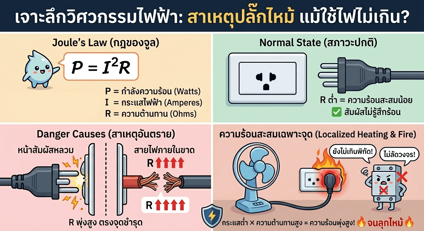 สาเหตุปลั๊กไฟไหม้ ทั้งที่ใช้งานปกติ วิธีสังเกต ป้องกัน และเลือกปลั๊กพ่วงให้ปลอดภัย ความร้อนสะสมในปลั๊กไฟจากหน้าสัมผัสหลวมตามหลัก P เท่ากับ I กำลังสอง R