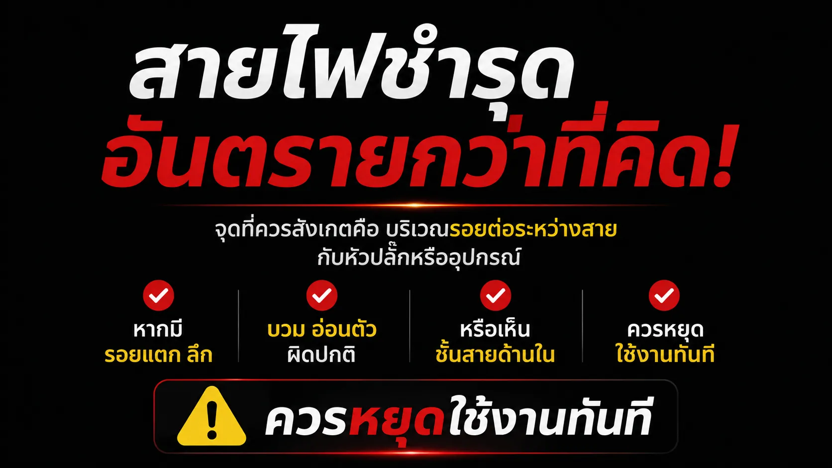 ตัวอย่างบริเวณคอสายปลั๊กที่ควรตรวจหารอยแตก รอยงอ และความเสียหายของฉนวน