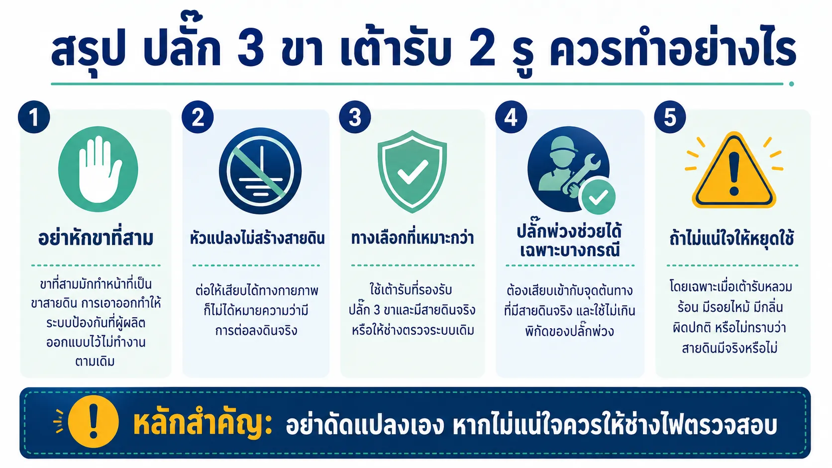 สรุป ปลั๊ก 3 ขา เต้ารับ 2 รู ควรทำอย่างไร