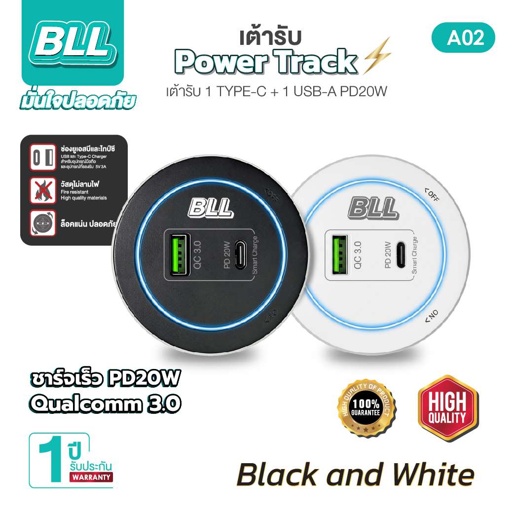 BLL A02 เต้ารับ Power Track Type-C + USB-A ชาร์จเร็ว PD 20W QC 3.0 - Image 2