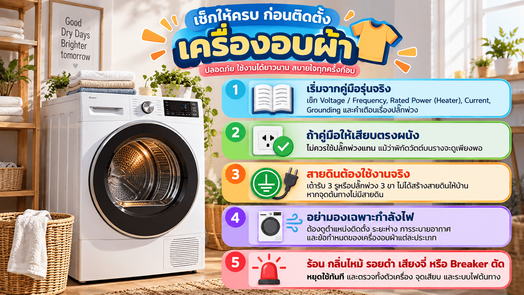 สรุป ก่อนติดตั้งเครื่องอบผ้า