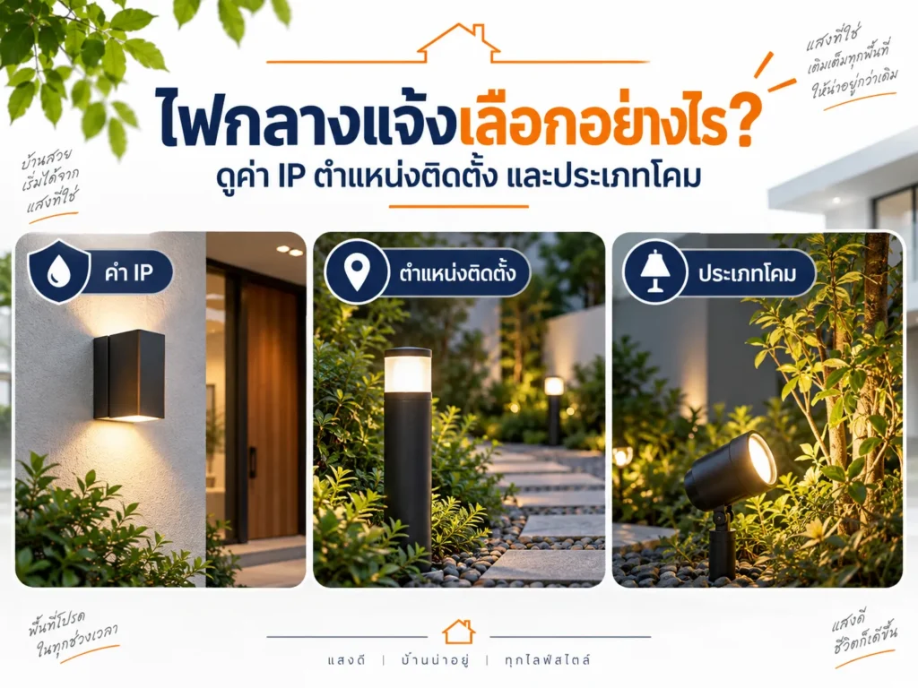 ไฟกลางแจ้งเลือกอย่างไร? ดูค่า IP ตำแหน่งติดตั้ง และประเภทโคม