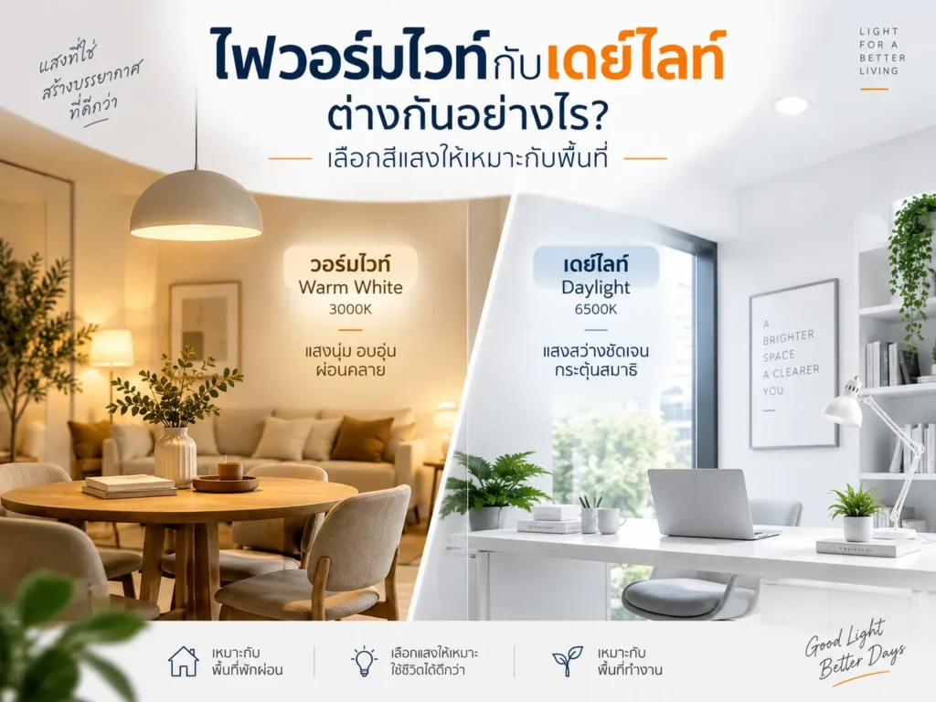 ไฟวอร์มไวท์กับเดย์ไลท์ต่างกันอย่างไร? เลือกสีแสงให้เหมาะกับพื้นที่