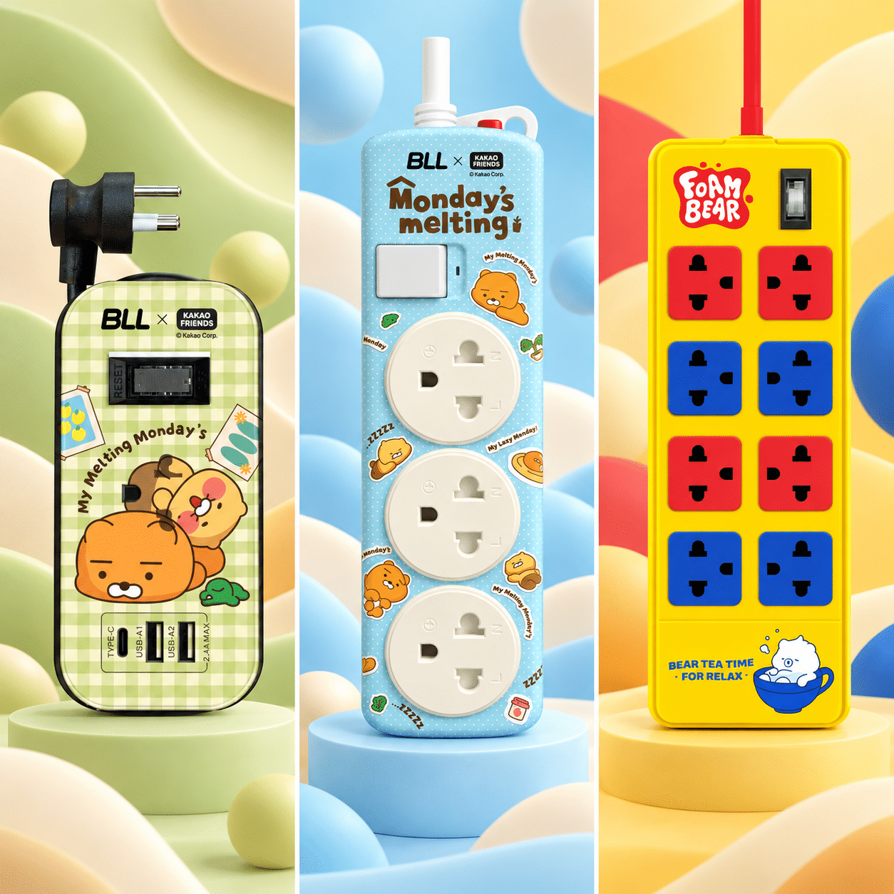 ปลั๊กไฟ Kakao Friends สามแบบ — ตัวอย่างลายการ์ตูนลิขสิทธิ์