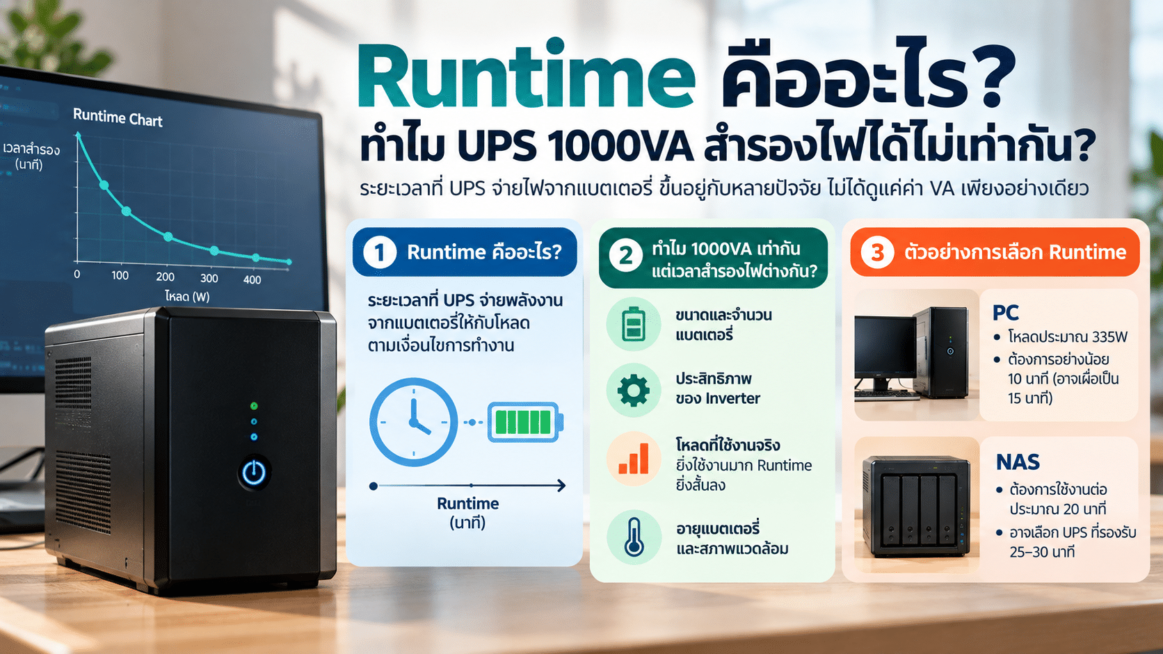 Runtime คืออะไร? ทำไม UPS 1000VA สำรองไฟได้ไม่เท่ากัน?