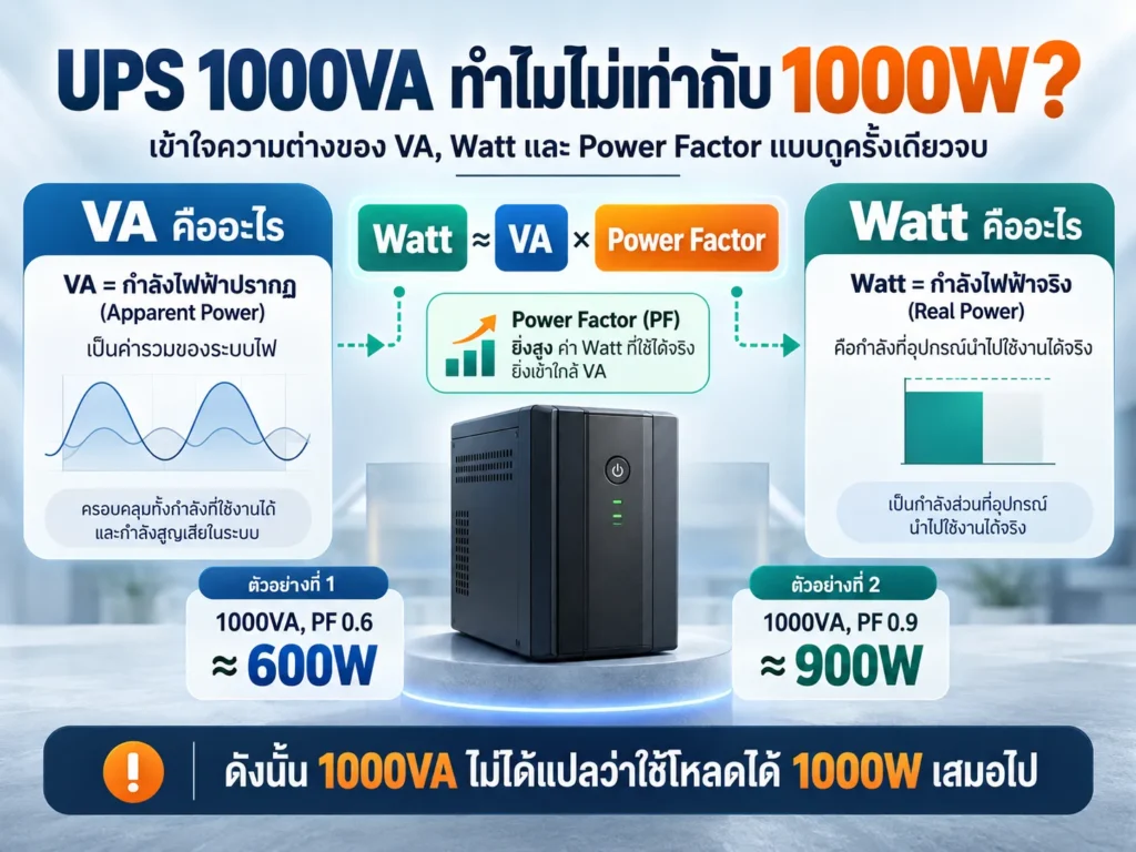 VA กับ Watt บน UPS ต่างกันอย่างไร? ทำไม 1000VA ไม่เท่ากับ 1000W