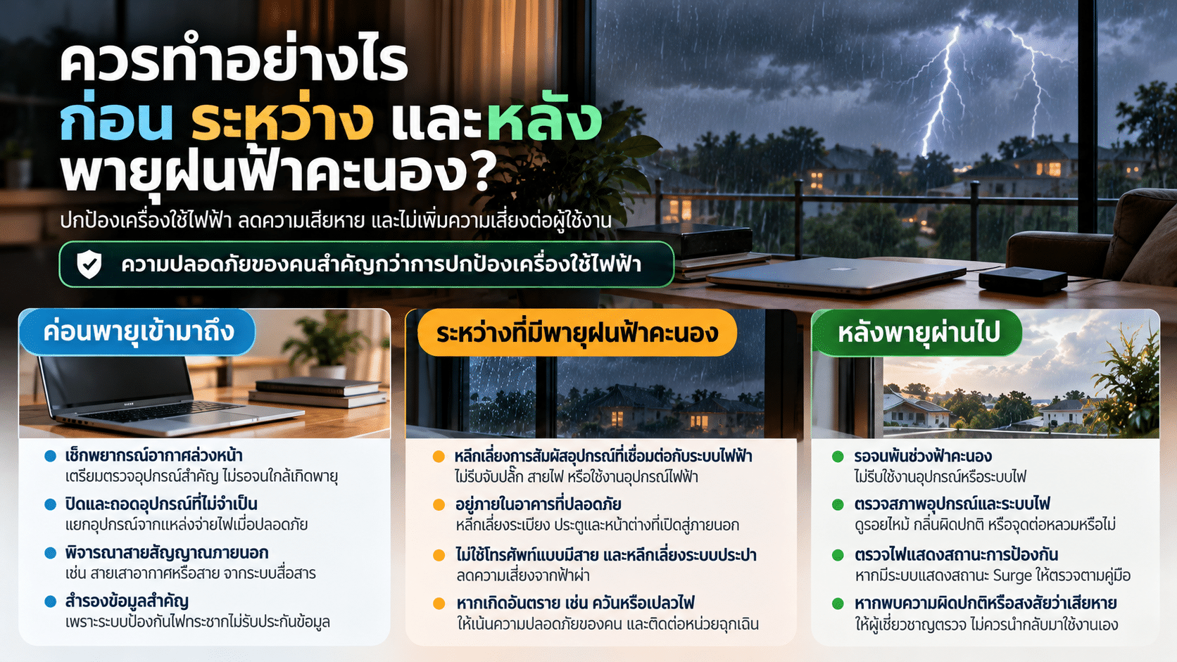 ควรทำอย่างไรก่อน ระหว่าง และหลังพายุฝนฟ้าคะนอง?