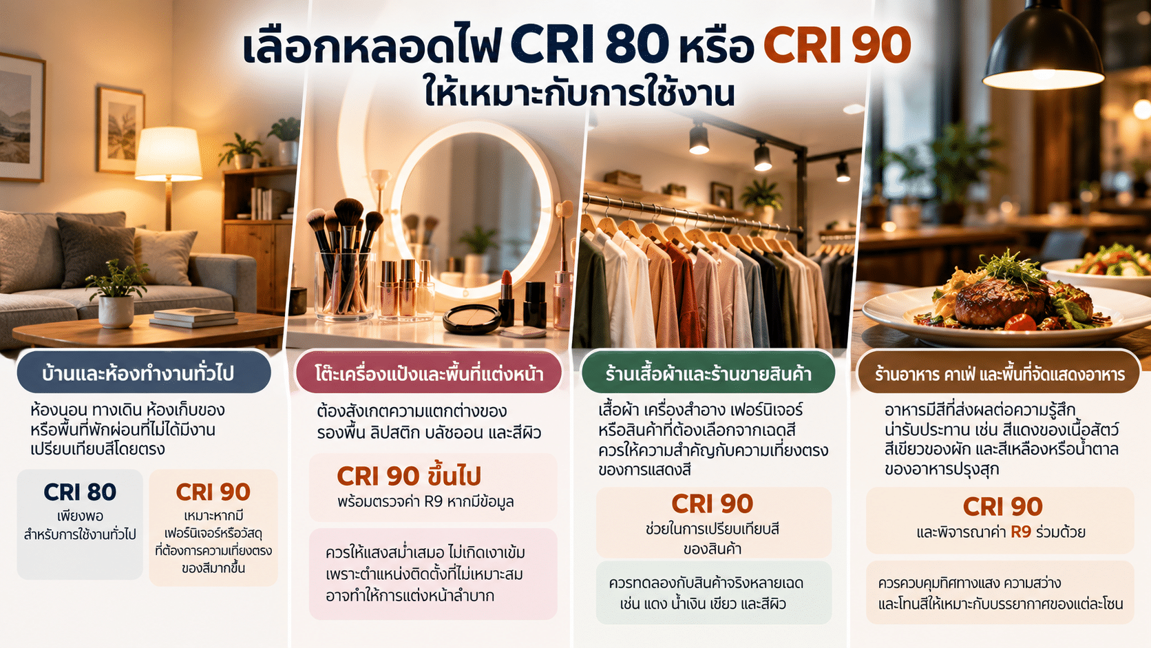 เลือกหลอดไฟ CRI 80 หรือ CRI 90 ให้เหมาะกับการใช้งาน